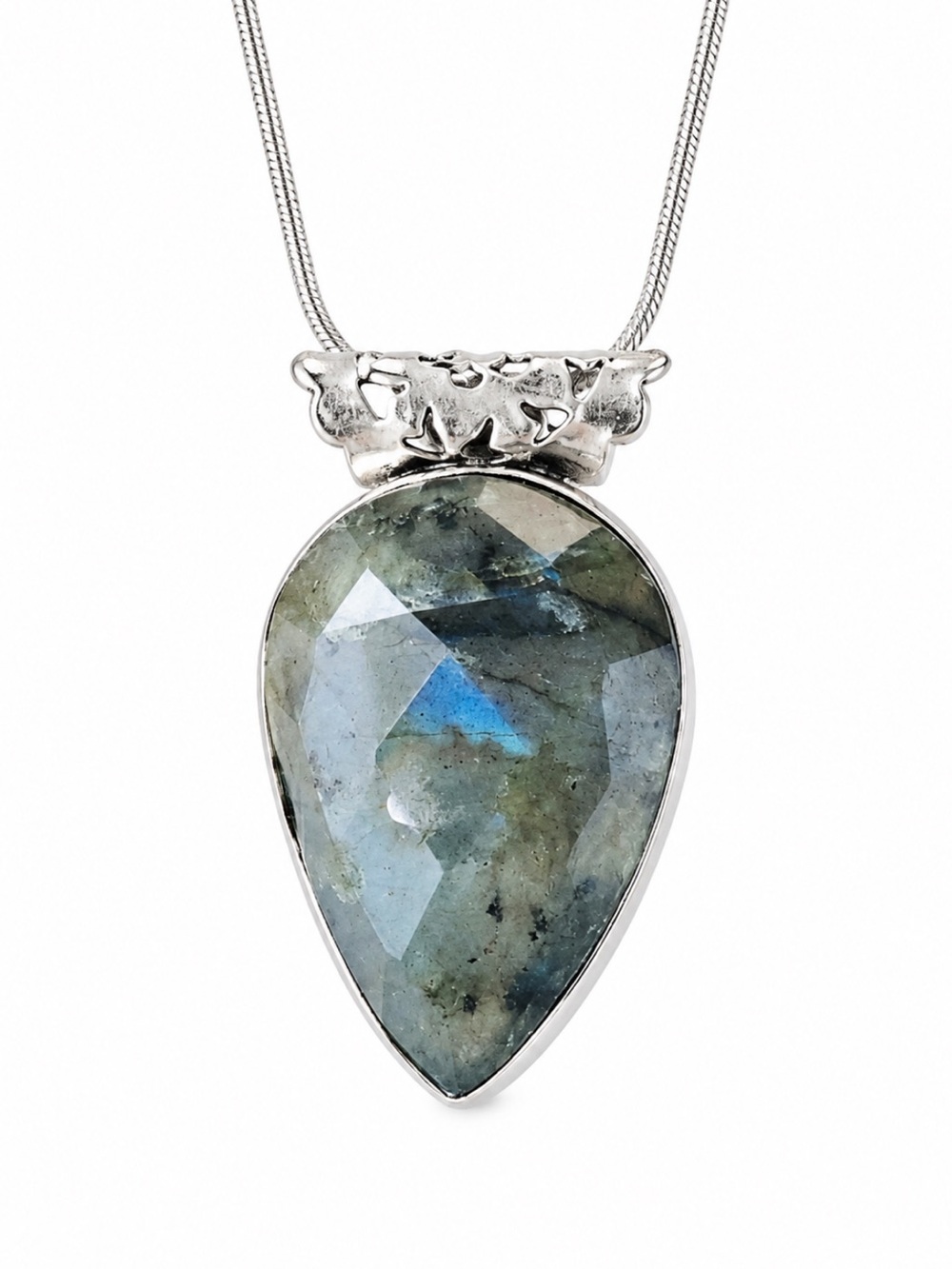 Silver Plated Green Blue Pear Shape Labradorite Boho Necklace